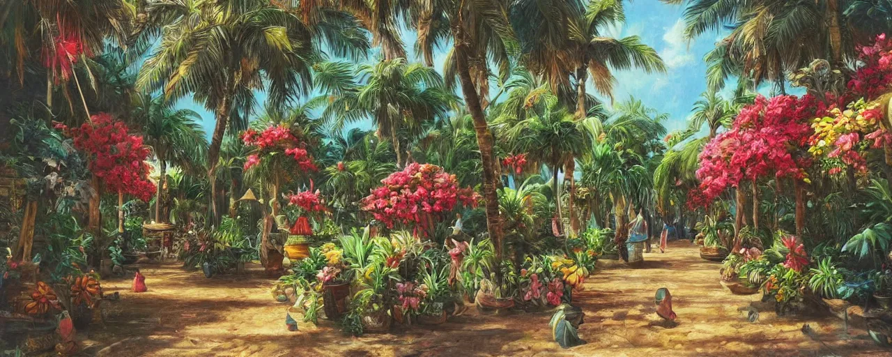 Image similar to a highly detailed oil painting of Tropical Flowers, a view from ground level: elegant, ornate, daytime. this is a beautifully lit scene.