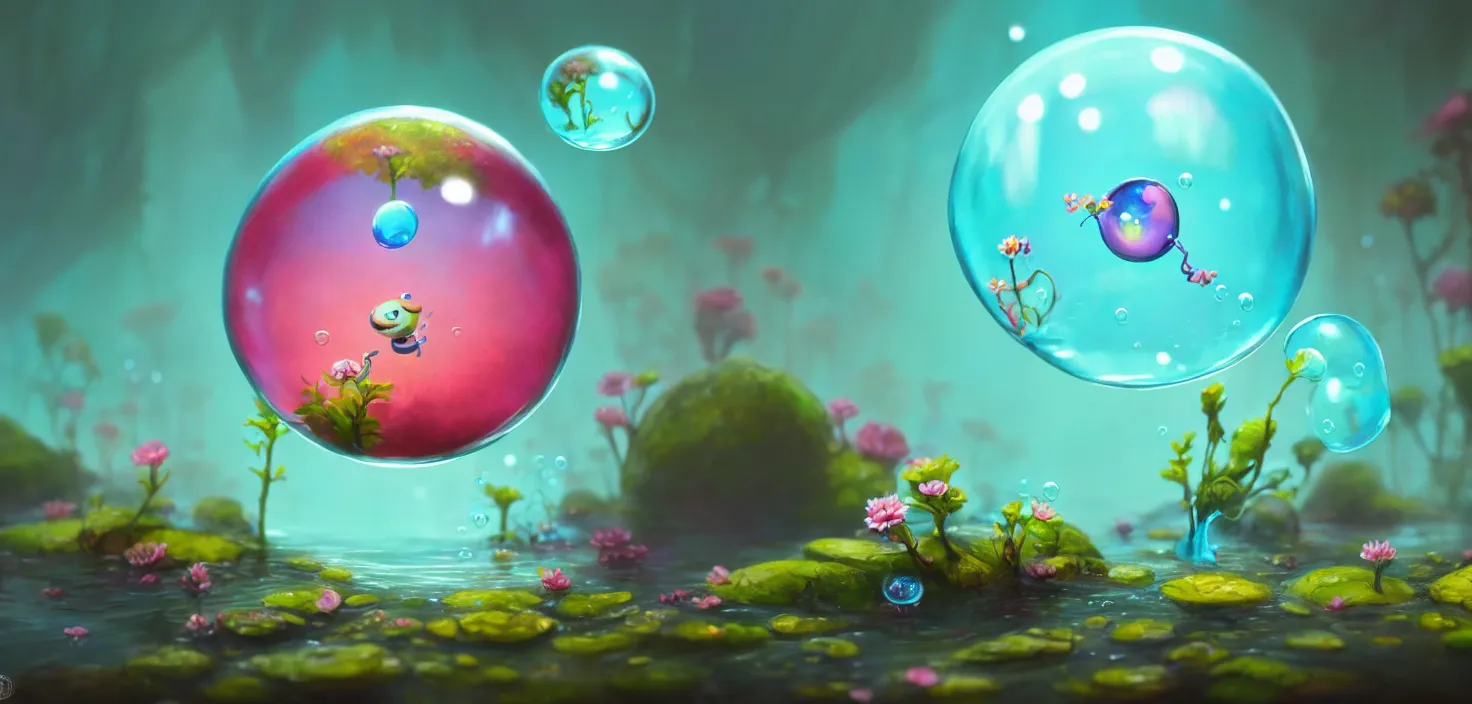 Prompt: colourful murky nature with cute bubble appearing from the flowers in water, in the style of craola, shallow depth of field, highly detailed, digital painting, trending artstation, concept art, illustration, cinematic lighting, vibrant colors, photorealism, epic, octane render