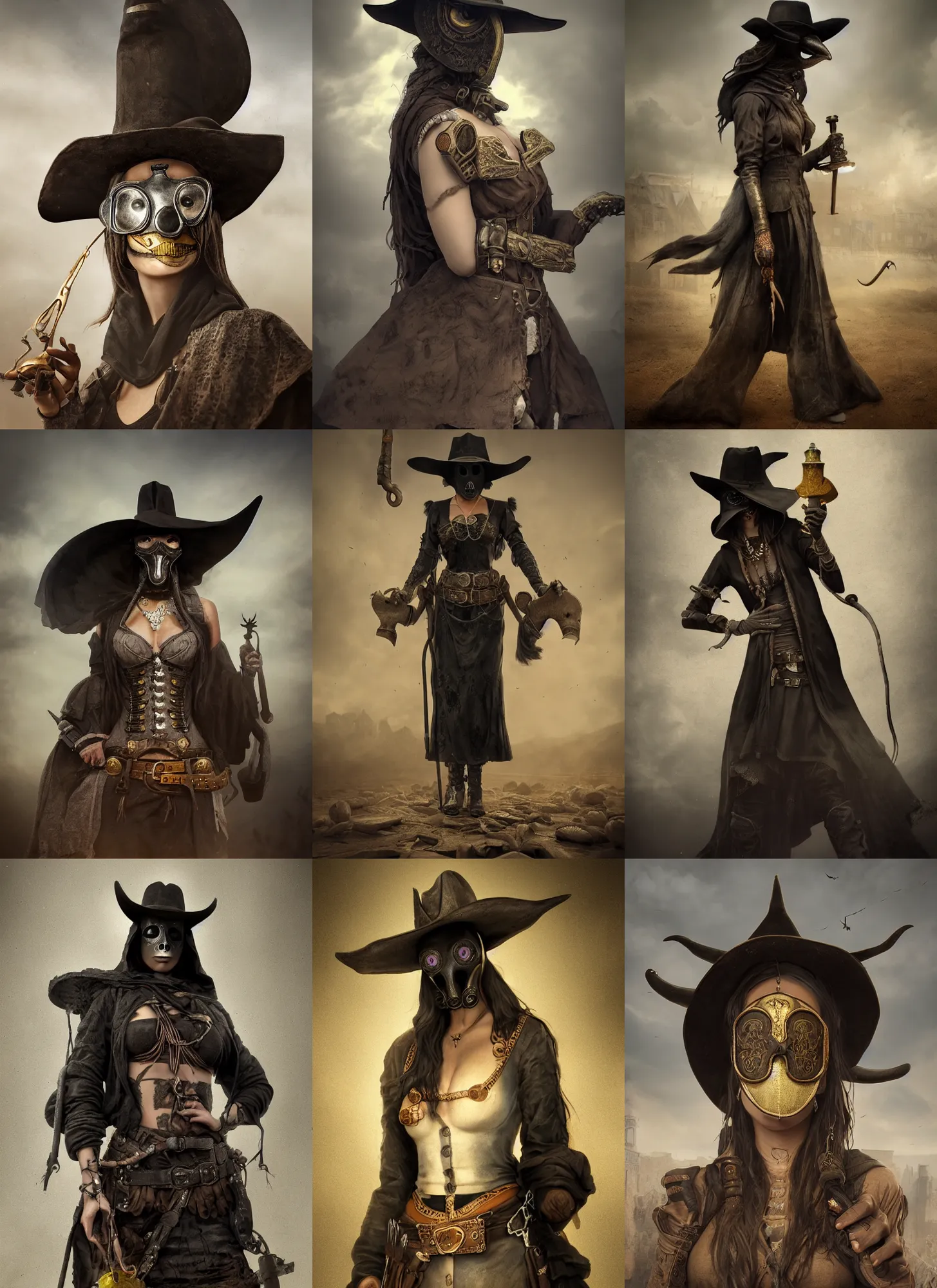 Prompt: detailed full body concept beautiful matte painting of a beautiful cowgirl plague doctor with a beautiful face and dystopian background, insanely detailed and intricate, octane render, golden ratio, vfx, postprocessing, alluring