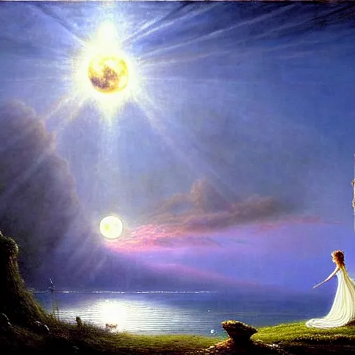 Image similar to an elegant fairy queen in a blue lace dress dancing looking out at a lord of the rings scenery landscape, staring across the sea at a white timber sail boat, sunrise, god's rays highly detailed, vivid colour, soft clouds, full moon, cinematic lighting, perfect composition, gustave dore, derek zabrocki, greg rutkowski, belsinski