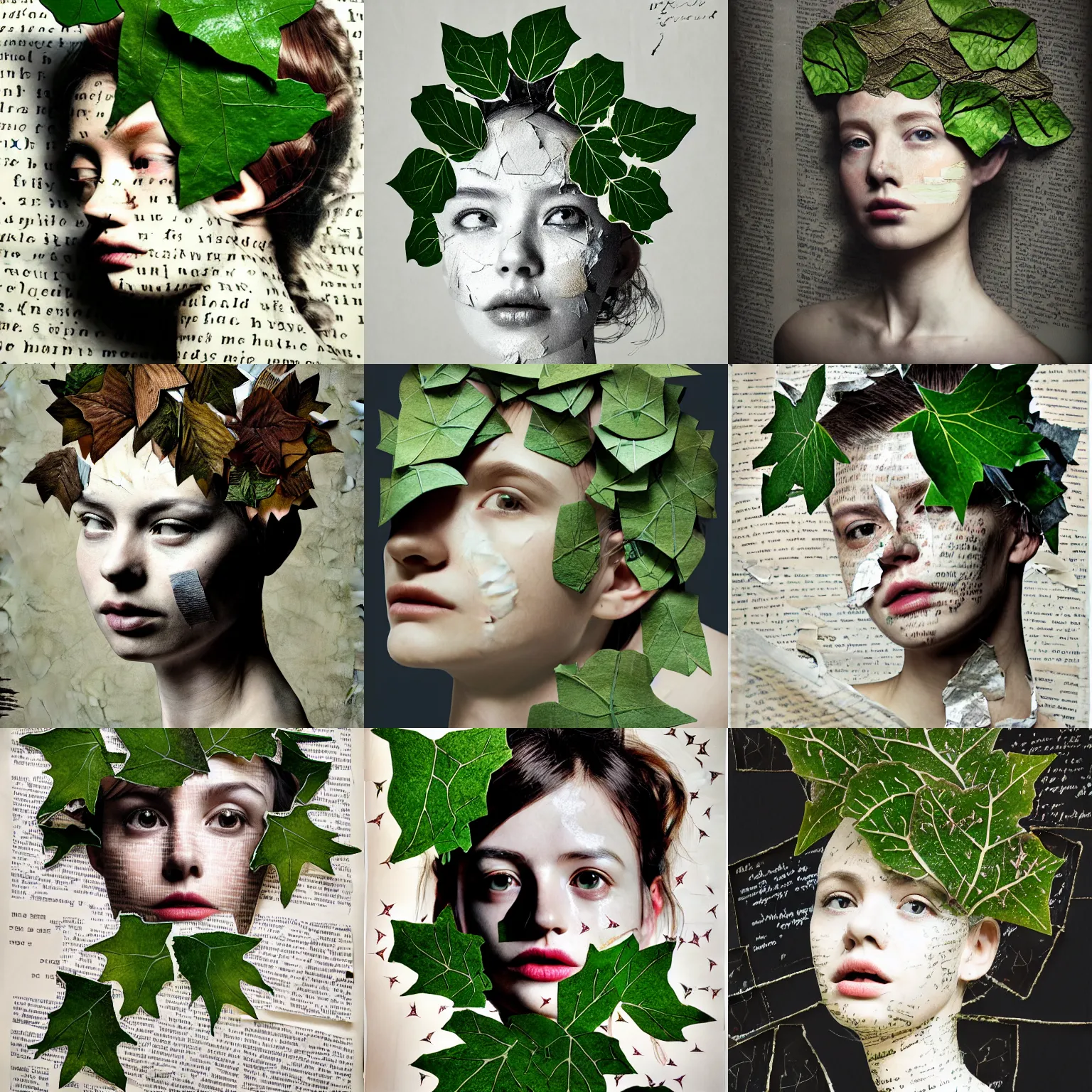 Prompt: rendered in blender ivy leaves on her head and crumpled paper as a texture, collage handwritten letters and tape, hyperrealism mixed with expressionism, high resolution, cinematic, unreal 6, breathtaking detailed by yasutomo oka, mixed media