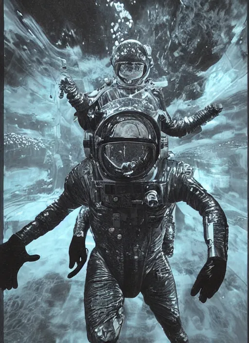 Image similar to infrared astronauts in dark void underwater - complex and hyperdetailed technical suit. reflection and dispersion materials. rays and dispersion of light. glowing light. volumetric light. f / 3 2. noise film photo. flash photography. ultra realistic, wide angle. poster by wayne barlowe, hajime sorayama aaron horkey, craig mullins. high contrast