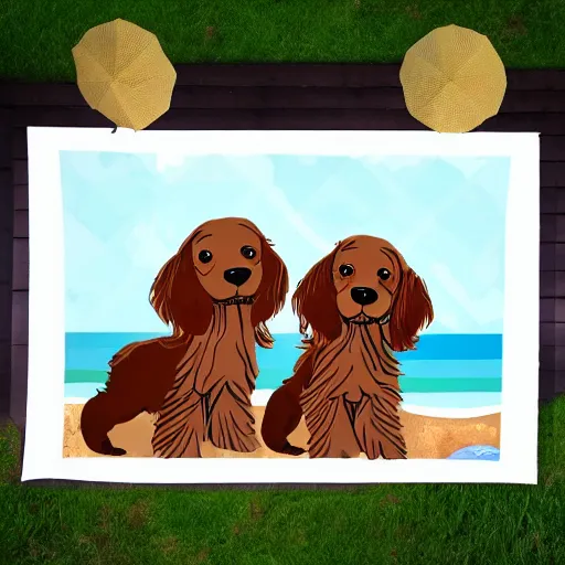 Image similar to two cute brown spaniel a by the seaside, parasols, bright towels, geometric, pop, deco, sketch, artwork