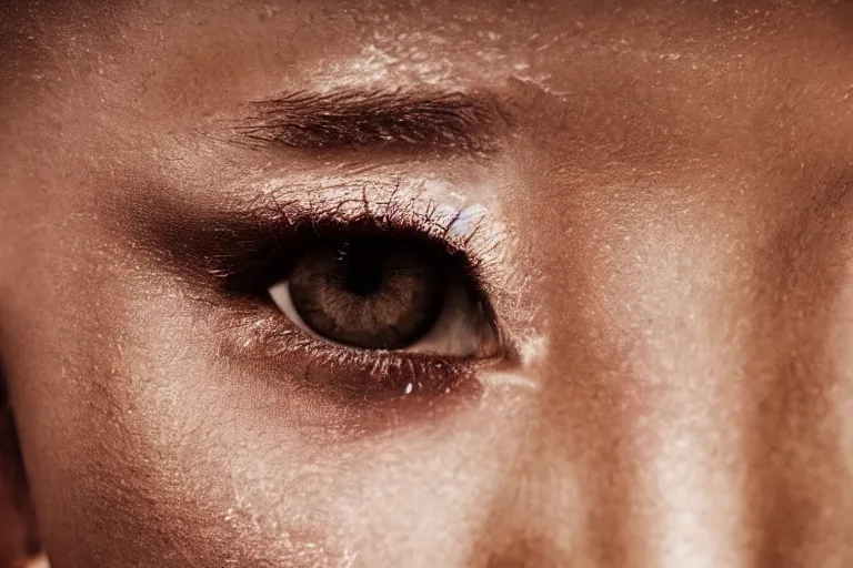 Image similar to close - up photo of a beautiful warrior princess in a battle scene, detailed eyes, shallow depth of field, photorealistic, cinematic lighting, warm colours, dusk