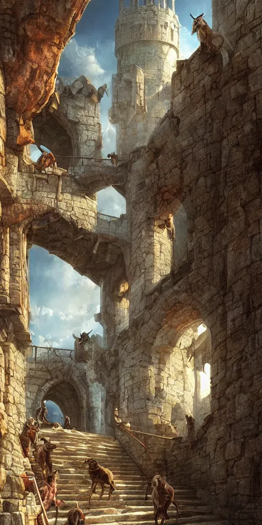 Prompt: a herd of goats!! climbing stairs in a beautiful fantasy castle made from white stone and bright copper, medieval city, metropolis, magic, tall towers, many goats, sunlight, vivid colors, god rays, digital art, landscape, fantasy art, octane render, unreal engine, high detail, very realistic, by greg rutkowski. by james gurney