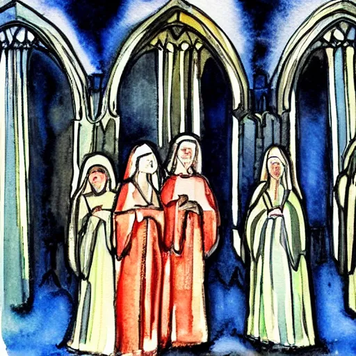 Prompt: a group of angels is standing outside coventry cathedral at night. watercolour, peaceful