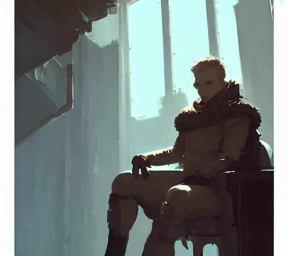 Prompt: portrait of cullen in the throne room atey ghailan, by greg rutkowski, by greg tocchini, by james gilleard, by joe fenton, by kaethe butcher, by ashley wood, dynamic lighting, gradient light blue, brown, blonde cream and white color scheme, grunge aesthetic