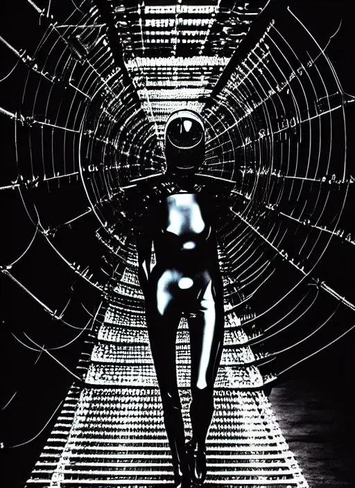 Prompt: walking down the catwalk, steven klein, show, stage, vogue photo, podium, fashion show photo, iris van herpen, beautiful woman, full body shot, helmet on face, masterpiece, plant predator, giger, guyver, jellyfish, biomechanical details, tarkovsky, movie still, fauvism, cinestill, bokeh, gelios lens