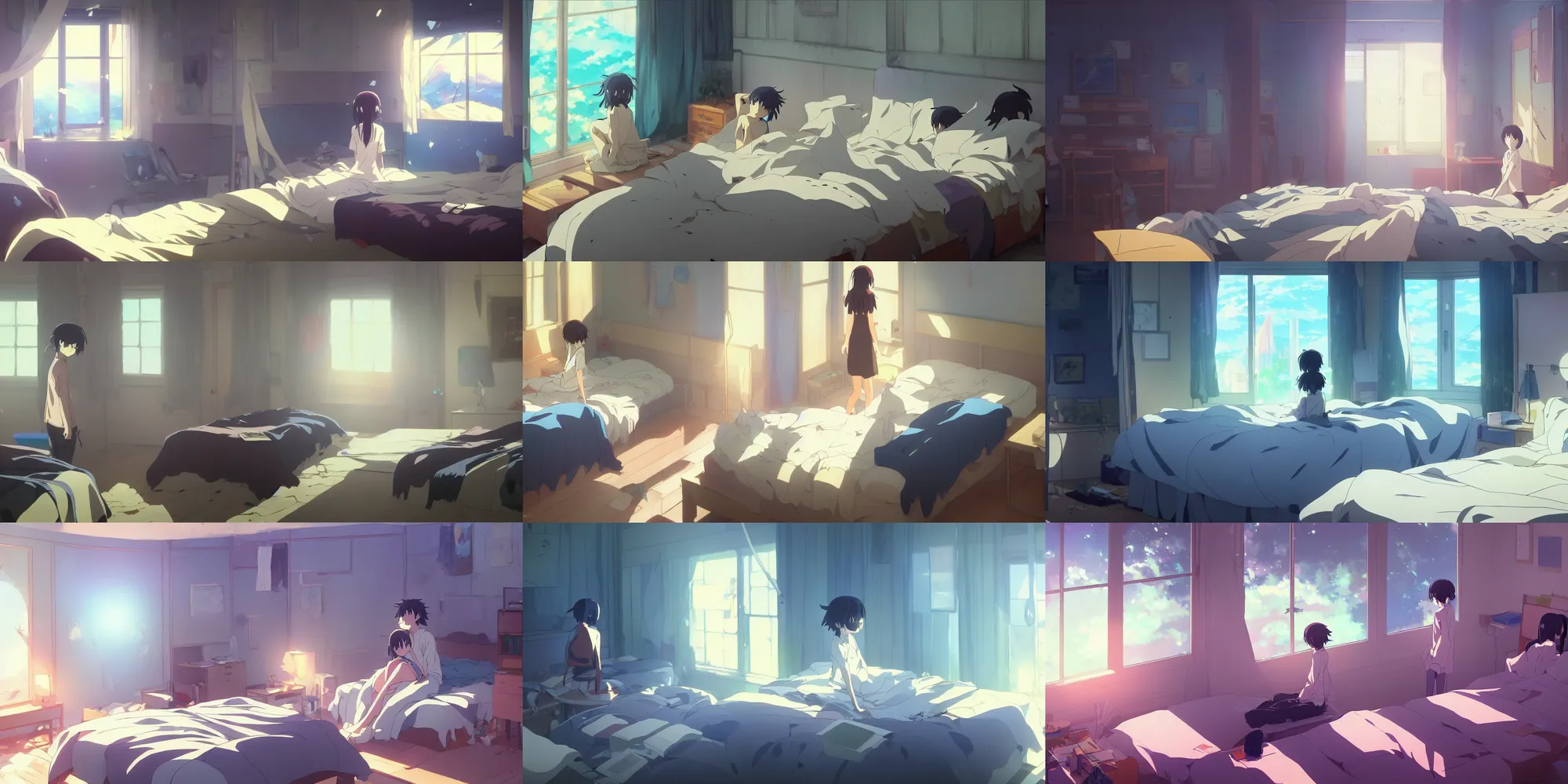 Prompt: a painting of the main character's exciting bedroom in the anime film by makoto shinkai, futuristic technology, books, messy clothes, anime lover, screenshot from the makoto shinkai anime