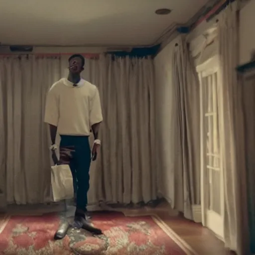 Image similar to Travis Scott in Get Out (2017), alternate angle, imax, 4K, cinematic, volumetric