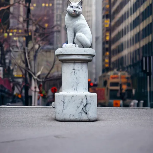 Image similar to a marble statue depicting a cat stands in the middle of new york, bokeh