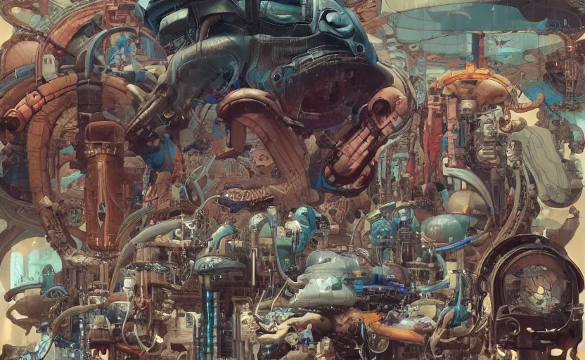 Image similar to anatomically correct innards and muscles and futuristic machine parts with retro scifi interface screens by Peter Mohrbacher, by Katsuya Terada, by Paul Pope, by Roger Dean, by Kim Jung Gi, by Frank Frazetta, by Katsuhiro Otomo, by Mike Mignola, cyberpunk color scheme, some esoteric elements