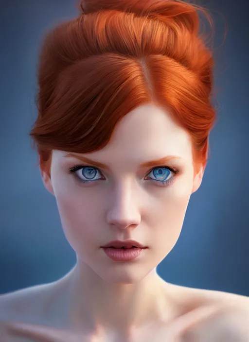 Image similar to portrait photo of a gorgeous young redhead woman with blue eyes in the style of stefan kostic, realistic, sharp focus, 8k high definition, insanely detailed, intricate, elegant, art by stanley lau and artgerm