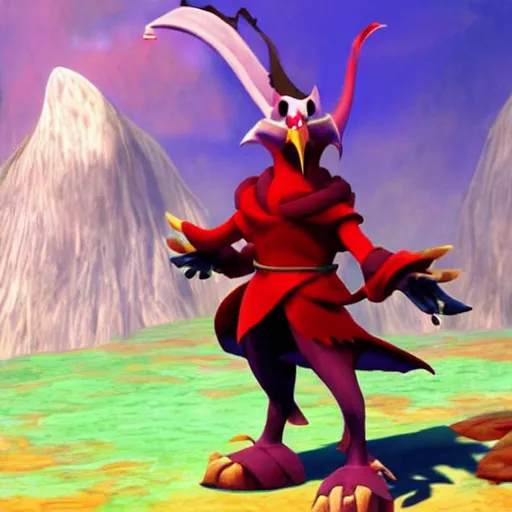 Image similar to screenshot of a humanoid gryphon bard with a red coat as an enemy in spyro the dragon video game concept art, playstation 1 era, activision blizzard, 4 k resolution concept art