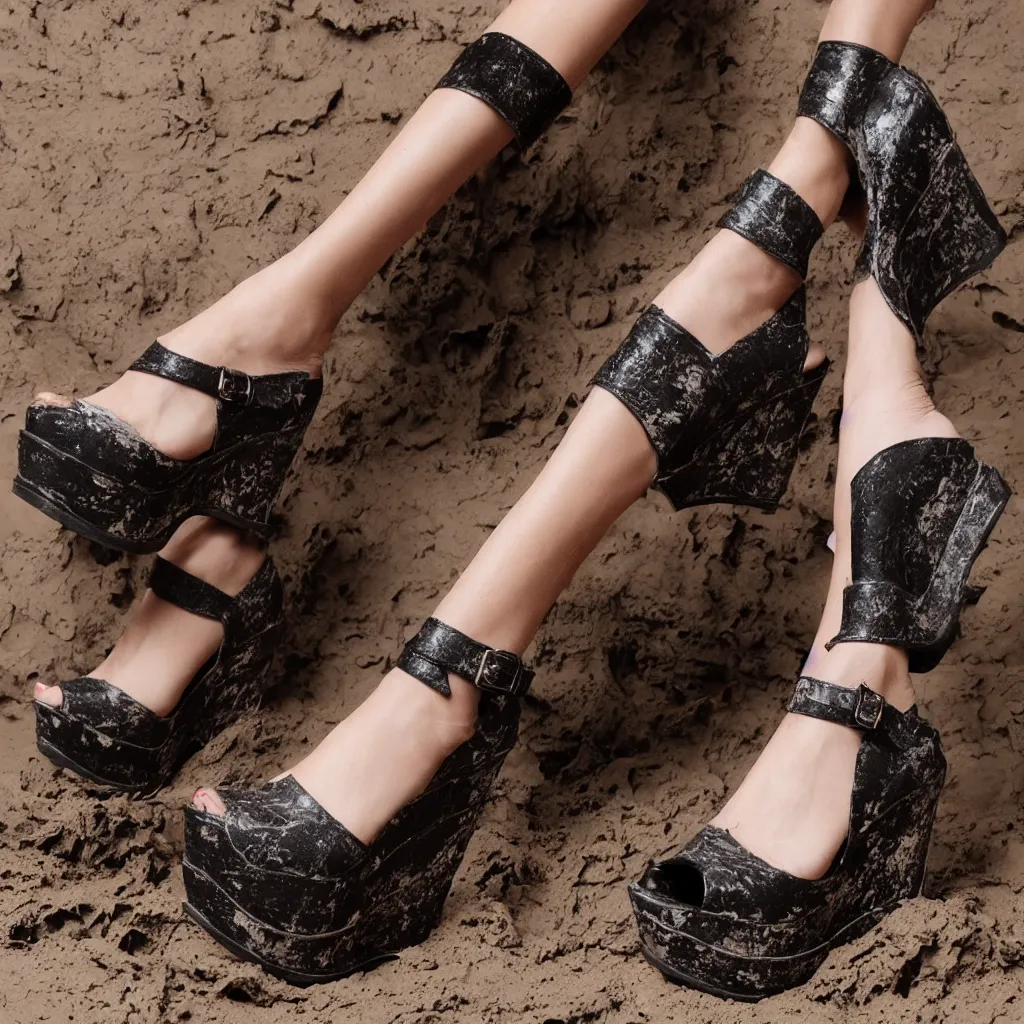 Prompt: gothic style platform wedges in the mud