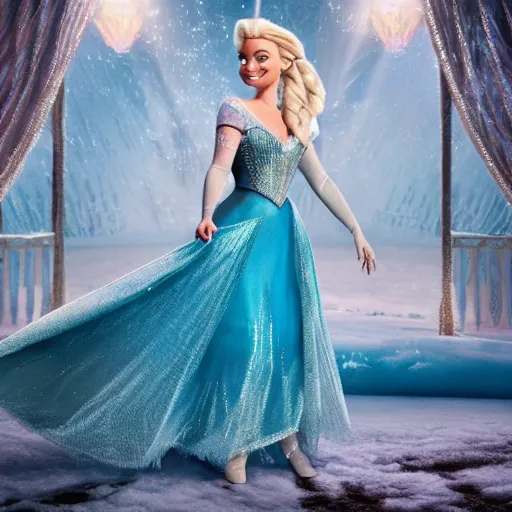 Image similar to Margot Robbie as Elsa in disney frozen live action, 8k full HD photo, cinematic lighting, anatomically correct, oscar award winning, action filled, correct eye placement,