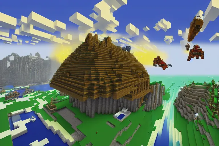 Prompt: giant squids battling in the sky, minecraft, 4 k