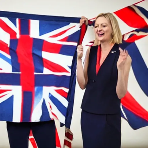 Image similar to rishi sunak and liz truss laughing, standing next to a burning union jack, studio photograph, dramatic llghting