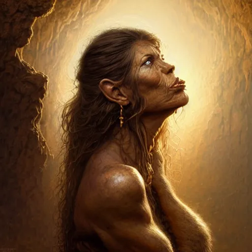 Image similar to portrait of beautiful neanderthal woman. gritty texture. highly detailed, centered, digital painting, artstation, concept art, smooth, sharp focus, golden hour, illustration, artgerm, tomasz alen kopera, peter mohrbacher, donato giancola, joseph christian leyendecker, frank frazetta, boris vallejo