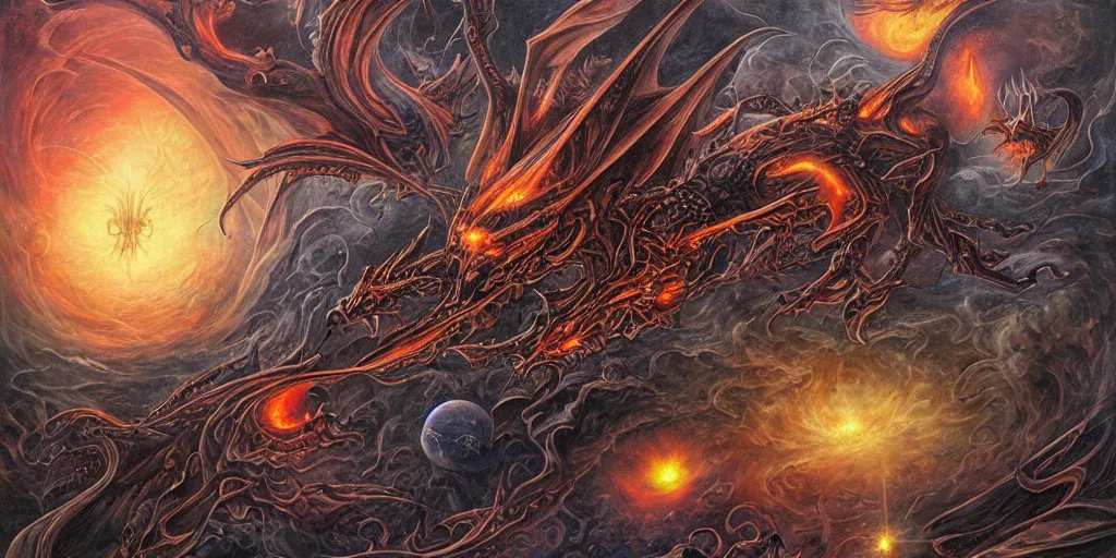 Image similar to evil cosmic demon alien dragon demigods flying through outer space consuming earth, dan seagrave art