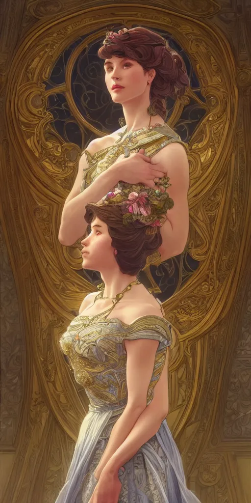 Prompt: mayors beautiful daughter, elegant dress, town hall, intricate, highly detailed, digital painting, artstation, concept art, smooth, sharp focus, illustration, Unreal Engine 5, 8K, art by artgerm and greg rutkowski and alphonse mucha, by Jesper Ejsing