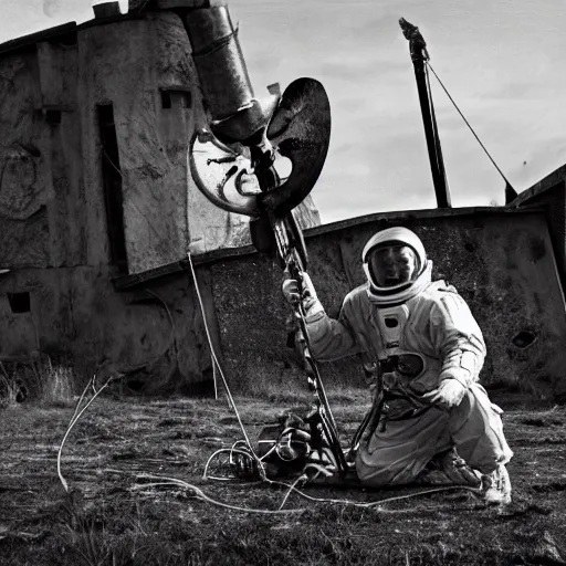 Image similar to wide angle photo of viking wearing space suit helmet and viking armor working on the antigravity gun ancient device, tools and junk on the ground,wires and lights, old village in the distance, vintage old photo, black and white, sepia