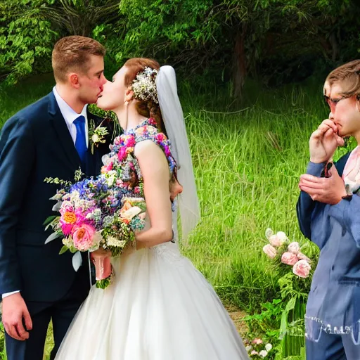 Image similar to the groom kisses the bride at a wedding full of flowers, bright and happy, art, highly detail, 4 k realistic, wedding photo, louise dahl - wolfe, andrea kowch, sophie anderson, lilia alvarado