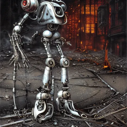 Image similar to robot with a guitar standing in ruined burning street by Yoshitaka Amano, by HR Giger, biomechanical, 4k, hyper detailed, hyperrealism, anime, a Blood Moon rising on a Broken World, deviantart, artstation