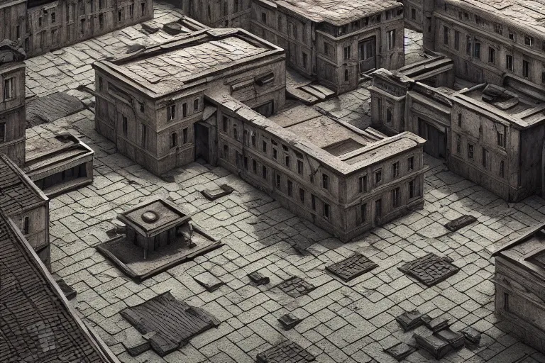 Image similar to an old courtyard with mud and an old playground between two soviet five-storey panel houses, Brutalism, high details, cinematic, 8k resolution, beautiful detailed, insanely intricate details, artstation trending, octane render, unreal engine