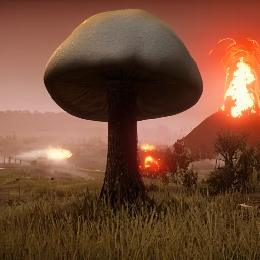 Image similar to nuclear explosion with huge mushroom cloud, rdr 2 screenshot