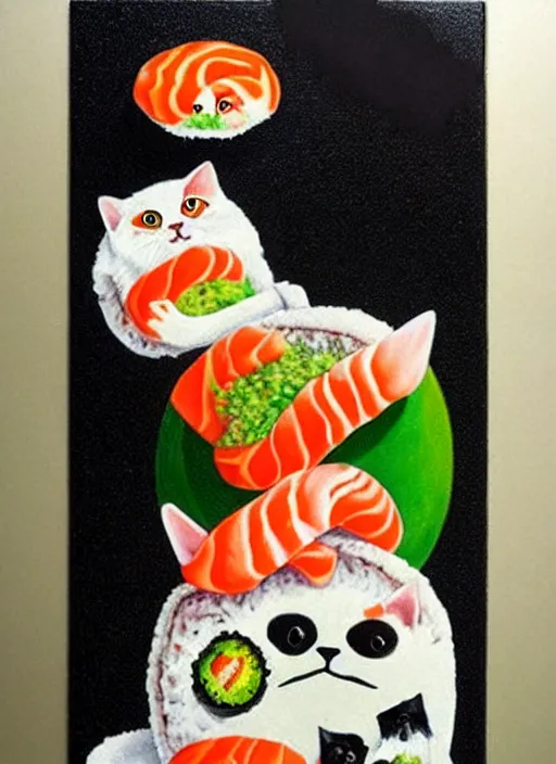 Image similar to clear surrealist painting of adorable cats made out of sushi