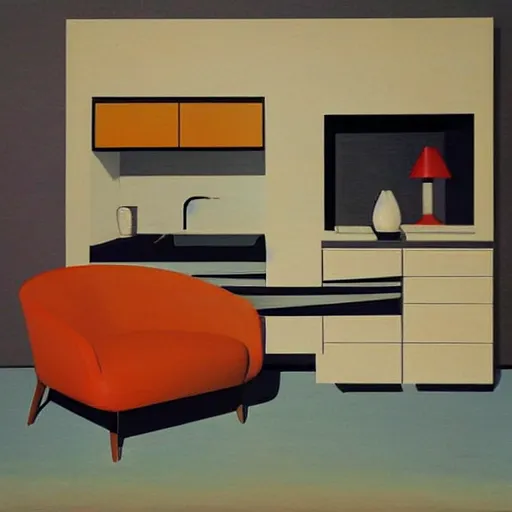 Prompt: futuristic mid century modern furniture and appliances, highly detailed painting