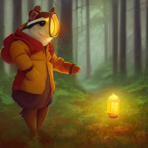 Image similar to concept art painting of an anthropomorphic chipmunk wearing a yellow cloak, holding a lantern, in the deep forest, realistic, detailed, cel shaded, in the style of makoto shinkai and greg rutkowski and james gurney