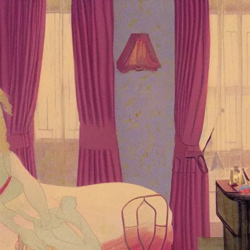 Image similar to a lonely girl in a liminal hotel room, art nouveau wallpaper, film still by wes anderson, depicted by balthus, limited color palette, very intricate, art nouveau, highly detailed, lights by hopper, soft pastel colors, minimalist