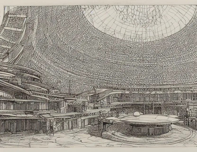 Prompt: a detailed, intricate architectural perspective drawing with fine lines of the view from the river of a round library with many windows and a cone - shaped roof by frank lloyd wright, concept art, perspective plans