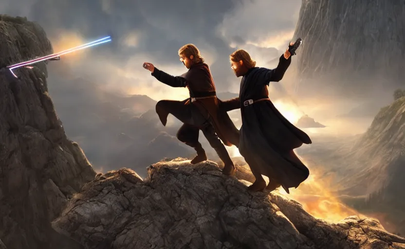 Image similar to anakin skywalker and obi wan kenobi engaging in an epic duel on a cliffside, epic, fantasy artwork, intense, cinematic, raytracing, dynamic lighting, 4 k