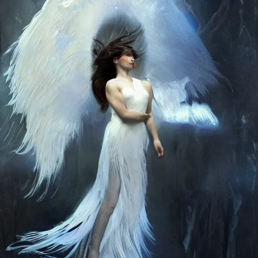 Image similar to hyperrealistic portrait of an angel woman descending onto a stone room in darkness with the damned screaming in despair, white swan dress long feathers and sapphire jewellery by jeremy mann and alphonse mucha, high shadow contrast, daydreaming hell, fantasy art, photo realistic, dynamic lighting, artstation, poster, volumetric lighting, very detailed faces, 4 k, award winning