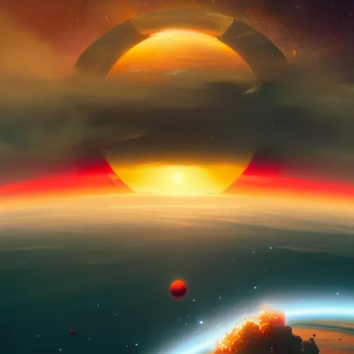 Image similar to horizon of the sun on a colorful exoplanet, view from space far away, artstation, cinematic, by greg rutkowski