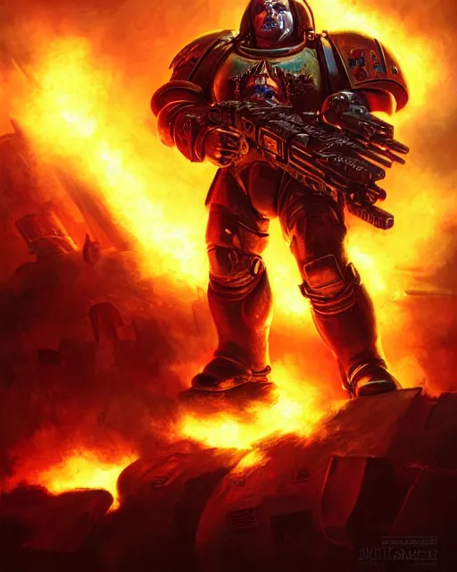 Prompt: space marine surrounded by explosions and burning buildings, sharp focus, hyper detailed, dark fantasy, warhammer 4 0 k, digital painting, by by artgerm and greg rutkowski and magali villeneuve