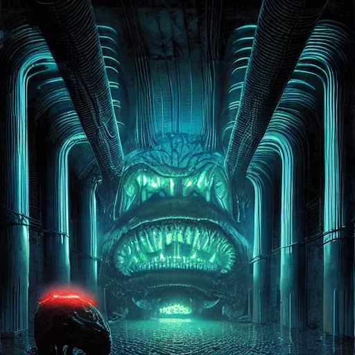 Prompt: menacing aggressive black slimy creature made out of needles, inside a gas station, aggressive harsh bright fluorescent industrial blue lighting, extremely detailed digital matte painting buy Greg Rutkowski and H.R. Giger