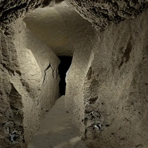 Image similar to photo inside a cavern of a humanoid with lizard skin and a mouth with sharp tooth and black eyes, partially hidden in the shadows