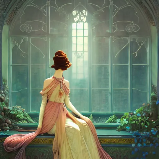 Image similar to a princess full body portrait, fine kindness delicate prefect face, in the flower room, light beam shines through the window, elegant, smooth, sharp focus, atmospheric lighting, masterpiece, style of tom bagshaw, raphael lacoste, peter mohrbacher, louis comfort tiffany, victo ngai, james jean, 4 k hd hyperdetailed illustration wallpaper, chinese style