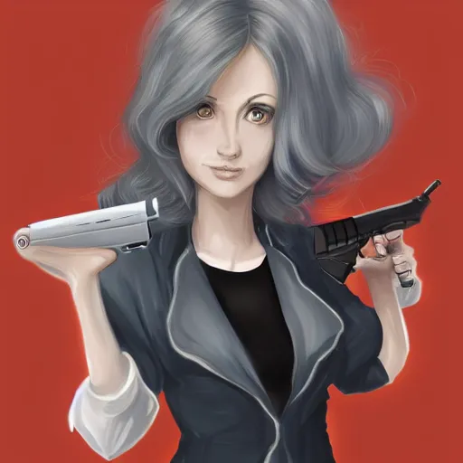 Image similar to a megan wearing a business, she has grey hair and is holding a revolver, digital painting, smooth, hd, realist, artstation, deviantart