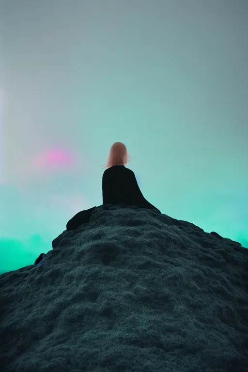 Image similar to high quality pastel coloured film close up wide angle photograph of a model wearing clothing resting on cloud furniture in a icelandic black rock!! environment in a partially haze filled dreamstate world. three point light, rainbow. photographic production. art directed. pastel colours. volumetric clouds. pastel gradient overlay. waves glitch artefacts. extreme facial clarity. 8 k. filmic.