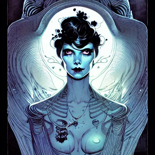 Image similar to portrait low light, by killian eng and joe fenton and martin deschambault and conrad roset, inspired by victorian sandman comic, blue and grey only, etching, fine, sharp high detail,