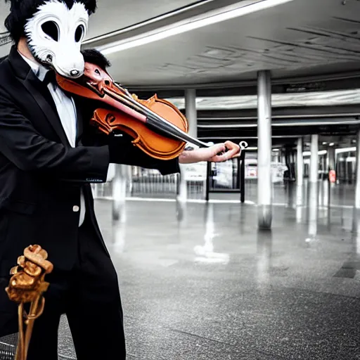 Prompt: a man in a tux wearing a white wolf mask playing the violin at a dirty metro station, unnerving, 4k photography, highly detailed, long shot.