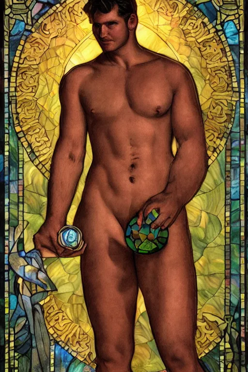 Prompt: tarot card of a shirtless handsome muscular cowboy | he is holding a lantern | dad bod, homoerotic, art deco, art nouveau | by louis comfort tiffany | trending on artstation