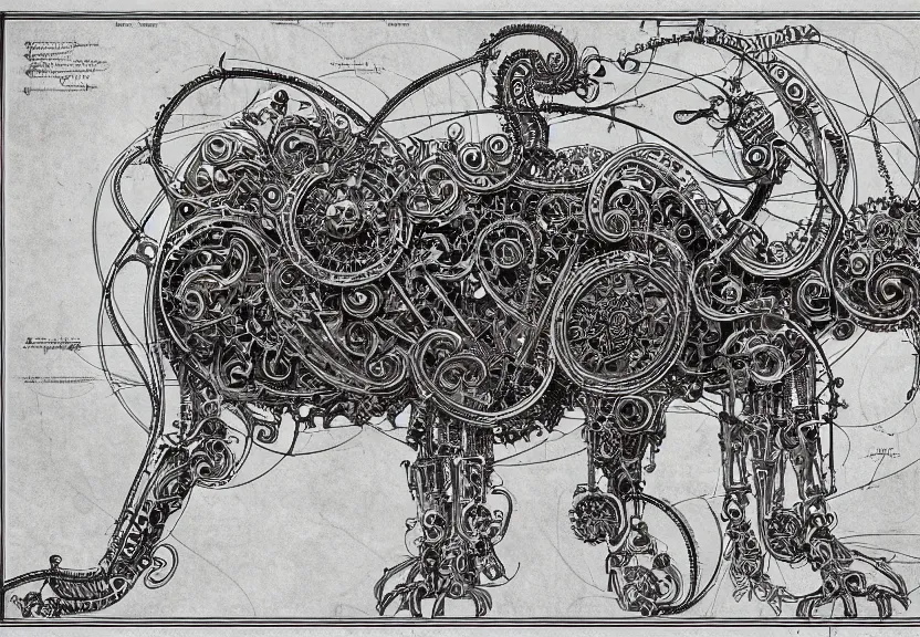 Image similar to schematic blueprint of highly detailed ornate filigreed convoluted ornamented elaborate cybernetic rat, wide margin, art by da vinci