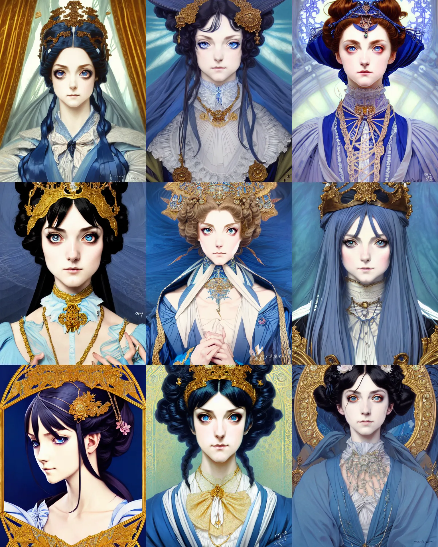 Prompt: symmetry!!!!!! beautiful anime victorian queen close portrait, wearing ornate clothing, ultra detailed, elegant, soft, expressive realistic blue eyes, anime, dynamic lighting, digital art, digital painting, artstation, wlop, sharp focus, illustration, art by artgerm and greg rutkowski and alphonse mucha, 8 k