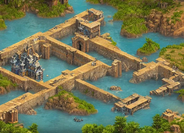 Image similar to isometric map of age of empires video game, procedural, top down, AOE2 , civilization, river, cave, mountain, futuristic , alien, buildings, digital art,realistic,detailed,art by greg rutkowski